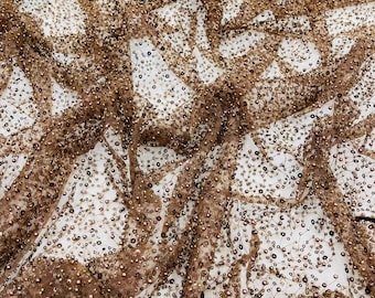 Brown All Over Luxury Beaded Mesh with Pearls, Sequins for Wedding Dresses, Prom Gowns