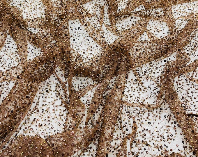 Brown All Over Luxury Beaded Mesh with Pearls, Sequins for Wedding Dresses, Prom Gowns