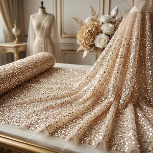 May include: A roll of shimmering, champagne-colored fabric covered in sequins. The fabric is draped across a table, with a dress form and a bouquet of white roses in the background. The fabric is ideal for bridal wear or evening gowns.