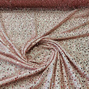 Royalty Fabrics Pink iridescent heavy hand beaded princess design embroider with beads-pearls-sequins on a mesh lace-sold by yard