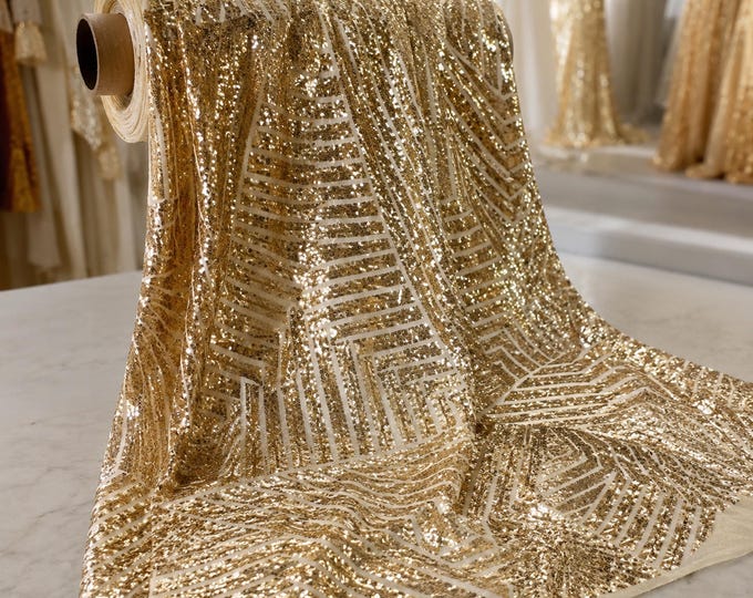 Gold Geometric Sequin Embroidered Ivory Mesh Fabric By The Yard, Luxury Bridal Lace Fabric, Prom Dress Sequin Material