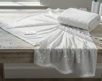 Clear White Stretch Velvet with Shiny 5mm Sequins, 54" Wide Fabric Sold by the Yard