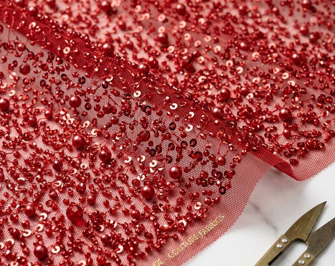 Red All Over Luxury Beaded Mesh with Pearls, Sequins for Wedding Dresses, Prom Gowns