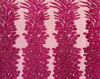 New Vegas heavy beaded feather design embroidery on a mesh fabric-Sold by the panel- Fuchsia