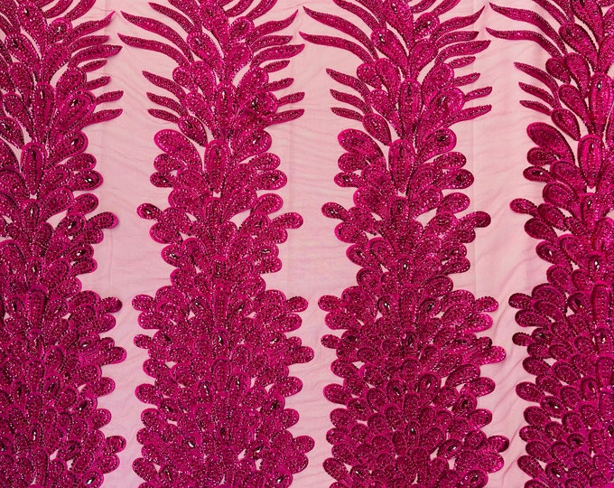 New Vegas heavy beaded feather design embroidery on a mesh fabric-Sold by the panel- Fuchsia