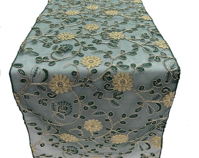 12" Wide x 90" Long Metallic Embroidery Lace Table Runner Wedding Decoration (Hunter Green on Hunter Green Mesh)