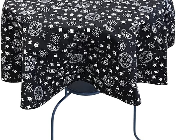 New Creations Fabric & Foam Inc, Round Print Poly Cotton Tablecloth (Bandanna Black, Choose Size Below