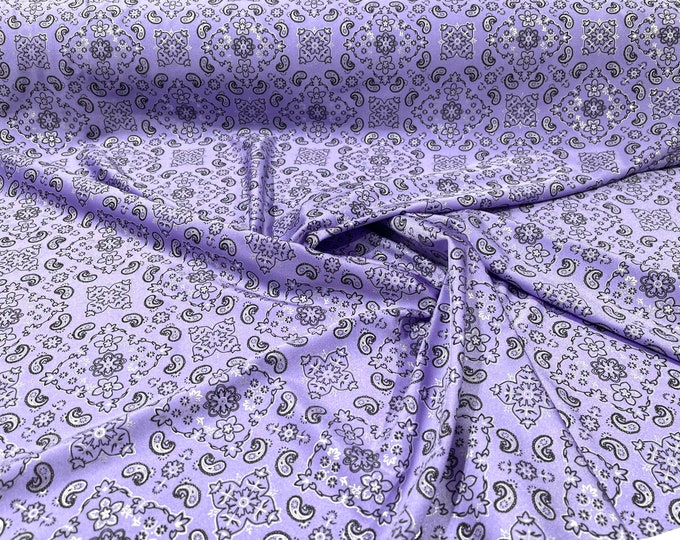 Lilac metallic bandanna print on a stretch tricot spandex fabric- Sold by the yard.