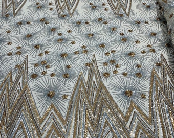 Gold/Silver geometric Star sequin design on a 4 way stretch mesh-sold by the yard.
