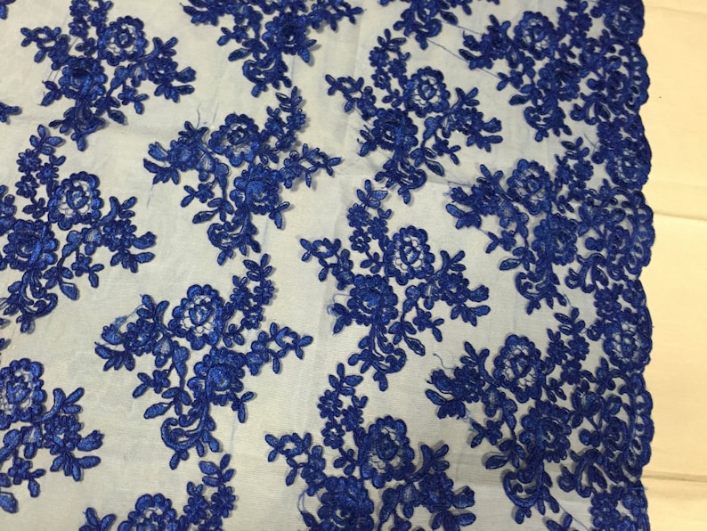 yard Royal blue modern roses embroider and corded on a mesh lace