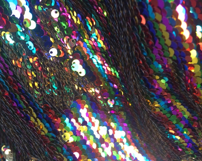 Rainbow/ gold Shinny mermaid fish scale 2 way stretch flip flop fabric-prom-nightgown-decorations-sold by the yard.