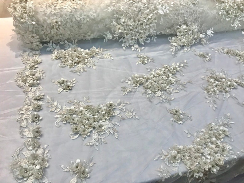 Ivory 3d floral design embroidery and beaded with rhinestones on a mesh lace-prom-nightgown-sold by the yard-free shipping in the USA