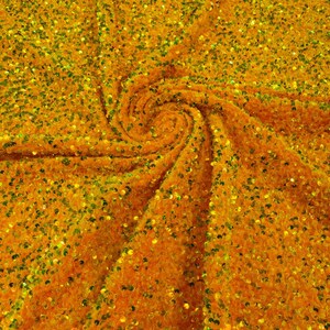 Orange Iridescent / Orange stretch velvet with luxury sequins all over 5mm shining sequins 2-way stretch, sold by the yard.