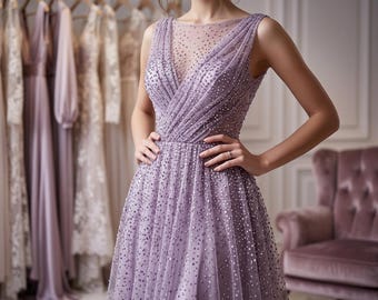 Lavender Glitter Mesh Fabric by Yard, Sparkly Tulle Fabric, Sheer Sequin Mesh for Dresses, Prom, Bridal, Evening Gown Sewing