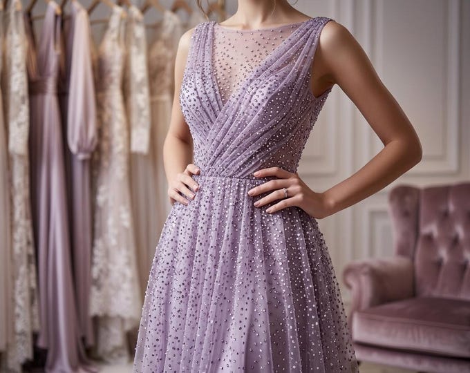 Lavender Glitter Mesh Fabric by Yard, Sparkly Tulle Fabric, Sheer Sequin Mesh for Dresses, Prom, Bridal, Evening Gown Sewing