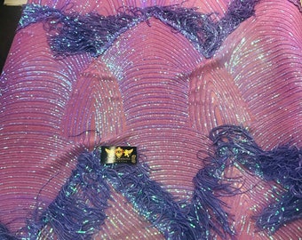 NEW!! Lavender iridescent fringe sequins design on a 4 way stretch pink mesh fabric-prom-nightgown-Sold by the yard.