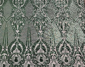 Hunter Green shiny sequin damask design on a 4 way stretch mesh-sold by the yard.
