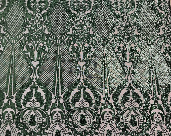 Hunter Green shiny sequin damask design on a 4 way stretch mesh-sold by the yard.