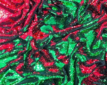 Red Green Reversible Color Changing Sequin Fabric| 54" Wide| Stretch Polyester Spandex.
