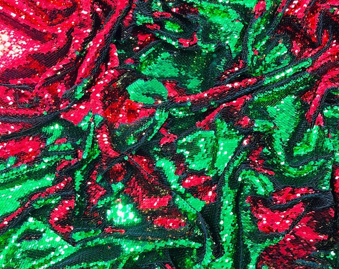 Red Green Reversible Color Changing Sequin Fabric| 54" Wide| Stretch Polyester Spandex.