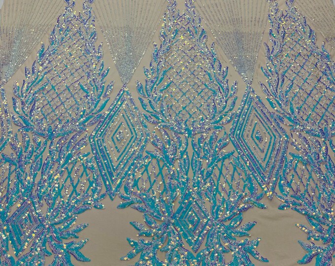 Clear geometric diamond design with shiny iridescent sequins on a nude 4 way stretch mesh-dresses-prom-nightgown-sold by the yard-