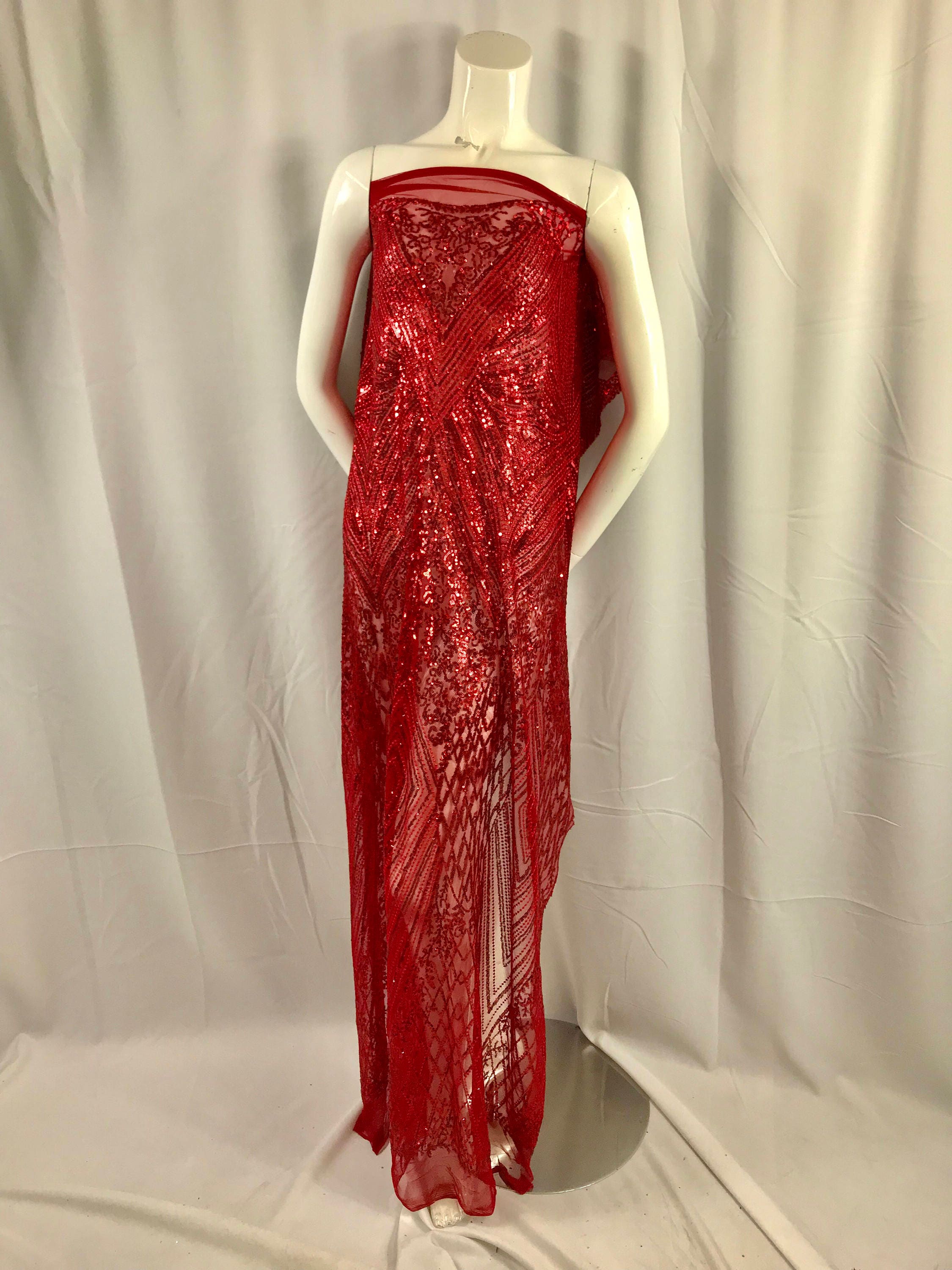 Red geometric diamond design embroider with Sequins on a 2 way