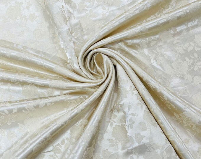 Ivory 60" Wide Polyester Roses/Flowers Brocade Jacquard Satin Fabric/Cosplay Costumes, Skirts, Table Linen/Sold By The Yard.