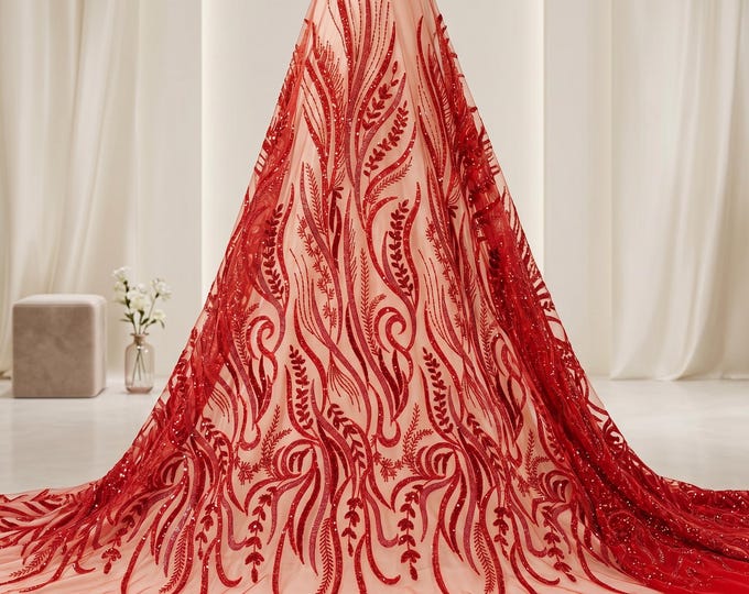 Red Feather Embroidered Beaded Mesh Lace Fabric By The Yard, Sequin Couture Bridal Lace For Prom Dresses & Wedding Gowns