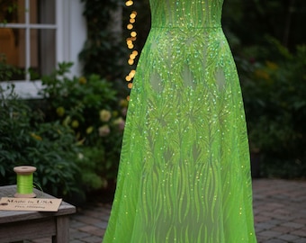 Mesh Fabric by Yard, Neon Green Iridescent Sequin Wings Design on Stretch Polyester