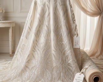 Beige art-deco geborduurde kralen mesh kantstof op maat gesneden, couture pailletten bruidskant voor trouwjurken en avondjurken