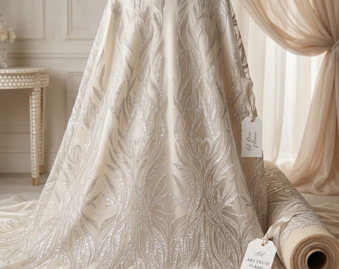 Beige Art Deco Embroidered Beaded Mesh Lace Fabric By The Yard, Couture Sequin Bridal Lace For Wedding Dresses & Evening Gowns