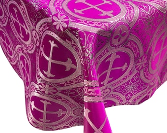Fuchsia/Silver Square Cross Brocade Tablecloth – Religious Jacquard Satin Overlay