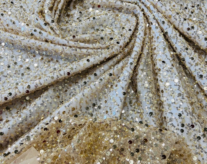 Light Gold heavy hand beaded princess design embroider with beads-pearls-sequins on a mesh lace-sold by yard.