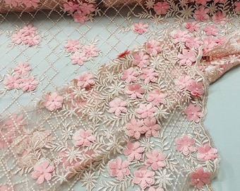 Pink Lia 3d floral design embroider with pearls in a mesh lace-dresses-fashion-decorations-prom-nightgown-sold by the yard.