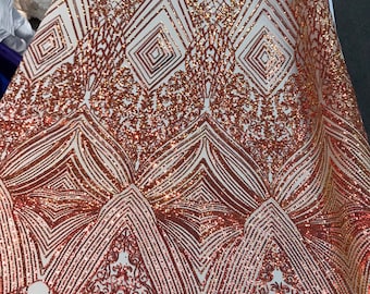 Orange geometric diamond design with iridescent sequins on a nude 4 way stretch mesh-dresses-fashion-prom-nightgown-sold by the yard-