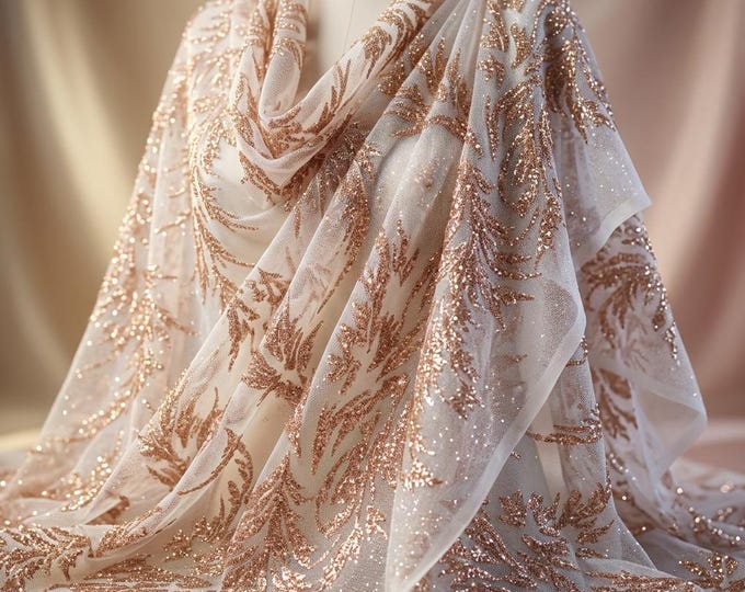 Rose Gold Glitter Mesh Lace Fabric By The Yard, Beaded Embroidered Lace For Bridal Gown, Prom Dress & Evening Wear