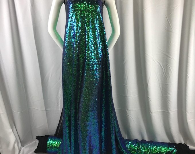 Green/purple iridescent mermaid fish scales-mini sequins embroider on a black mesh fabric-fashion-decorations-dresses-sold by the yard-