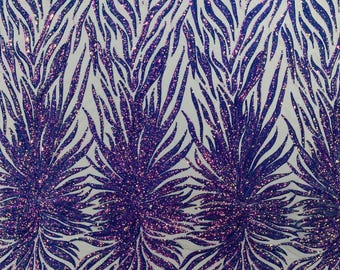 Lavender Iridescent - Phoenix feather design with sequins embroider on a nude 4 way stretch mesh fabric-sold by the yard.