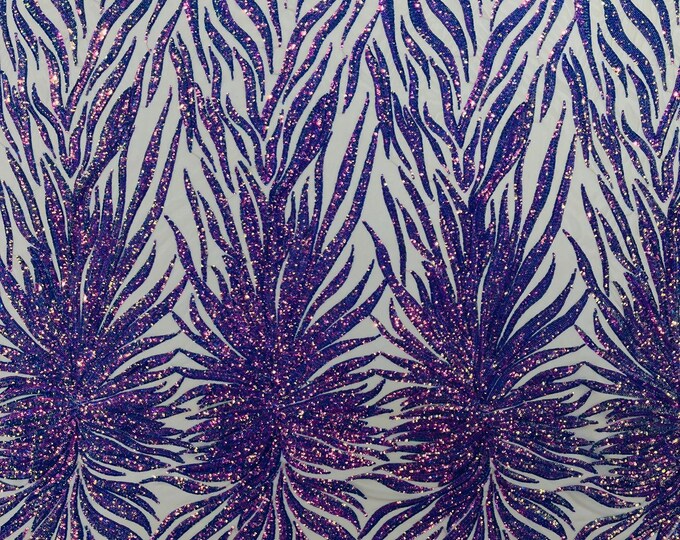 Lavender Iridescent - Phoenix feather design with sequins embroider on a nude 4 way stretch mesh fabric-sold by the yard.