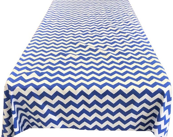 New Creations Fabric & Foam Inc, Chevron / Zig Zag Print Poly Cotton Tablecloth (White/ Royal , Choose Size Below