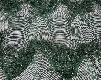 Hunter Green shiny fringe sequins design on a 4 way stretch mesh fabric-prom-sold by the yard.