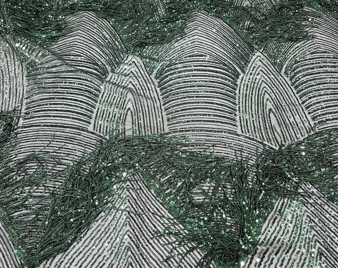 Hunter Green shiny fringe sequins design on a 4 way stretch mesh fabric-prom-sold by the yard.