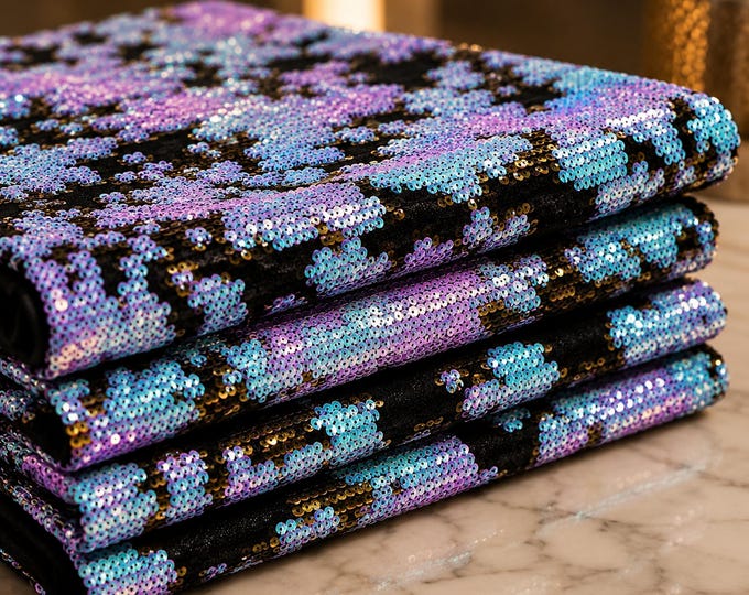Aqua Pink Gold Iridescent Flip Sequin Camouflage Stretch Velvet Fabric By The Yard, Mermaid Sequin Fabric, Glam Apparel Fabric