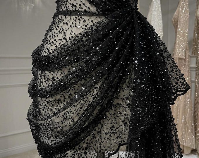 Black Luxury Beaded Mesh Fabric With Pearls & Sequins | Wedding Dress Lace By The Yard | Prom Gown Fabric