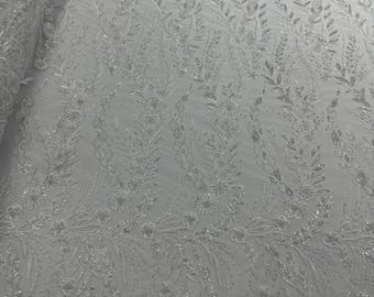 White - Feather and Vine Beaded Lace Fabric, by The Yard.