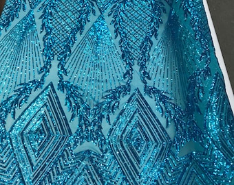 Turquoise geometric diamond design with shiny sequins on a 4 way stretch mesh-dresses-prom-nightgown-sold by the yard-free shipping in USA-
