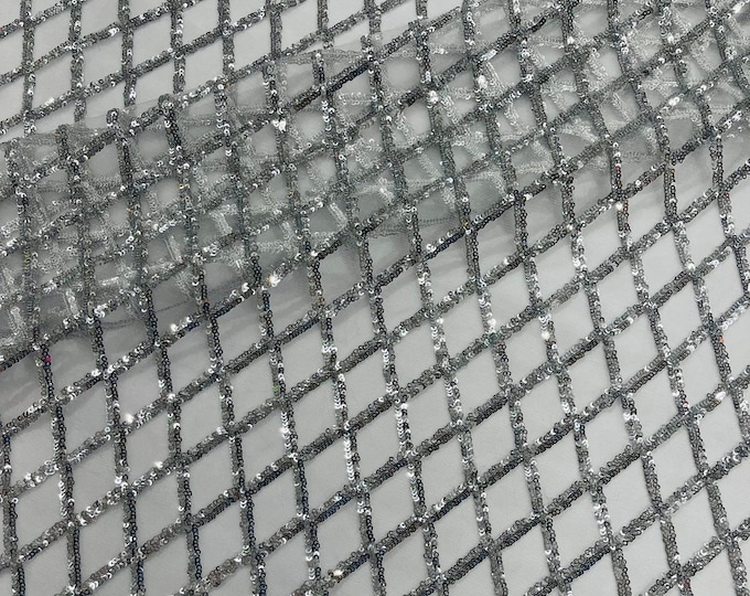 Diamond Sequin Mesh Fabric 54" Wide| Wedding & Party- Silver