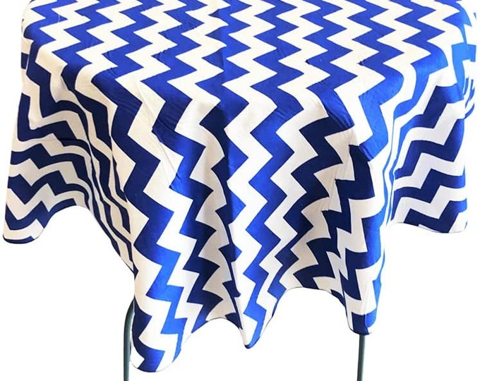 New Creations Fabric & Foam Inc, Round Poly Cotton Print Tablecloth (Chevron Royal, Choose Size Below