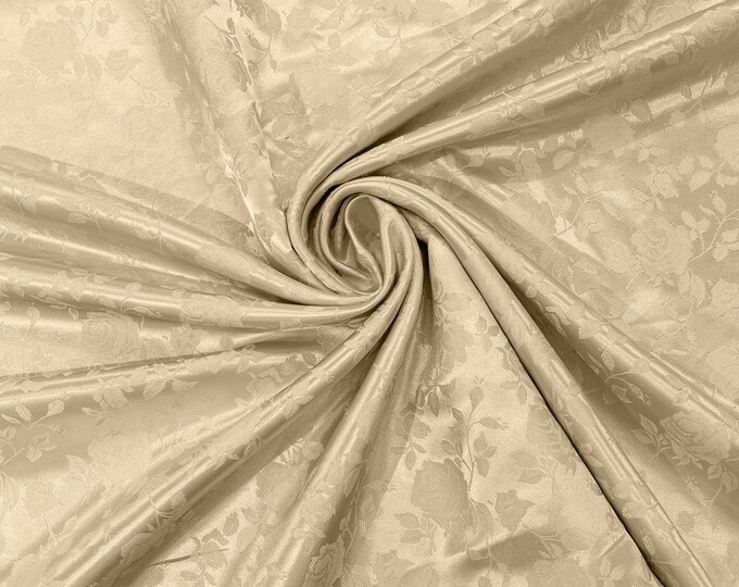 Champagne 60" Wide Polyester Roses/Flowers Brocade Jacquard Satin Fabric/Cosplay Costumes, Skirts, Table Linen/Sold By The Yard.