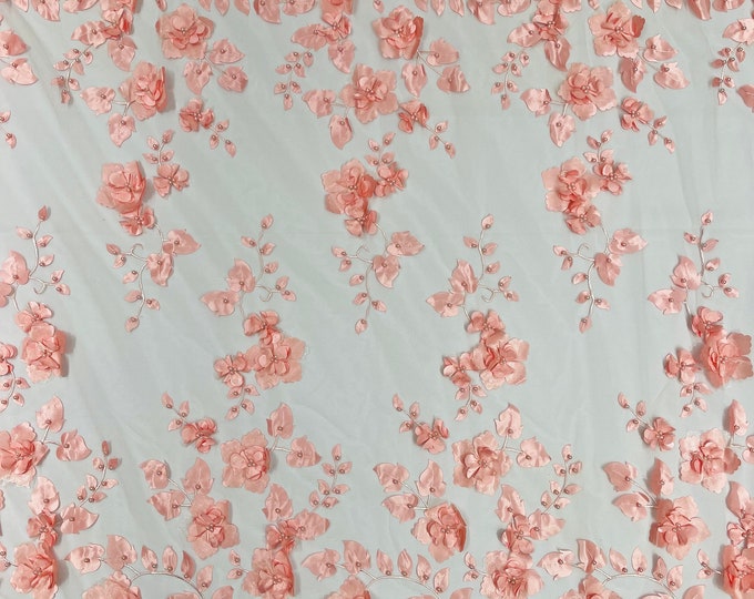 Blush Double Scalp Orquidia 3d floral design embroider with pearl in a mesh lace fabric-dresses-fashion-decoration-prom-sold by the yard.